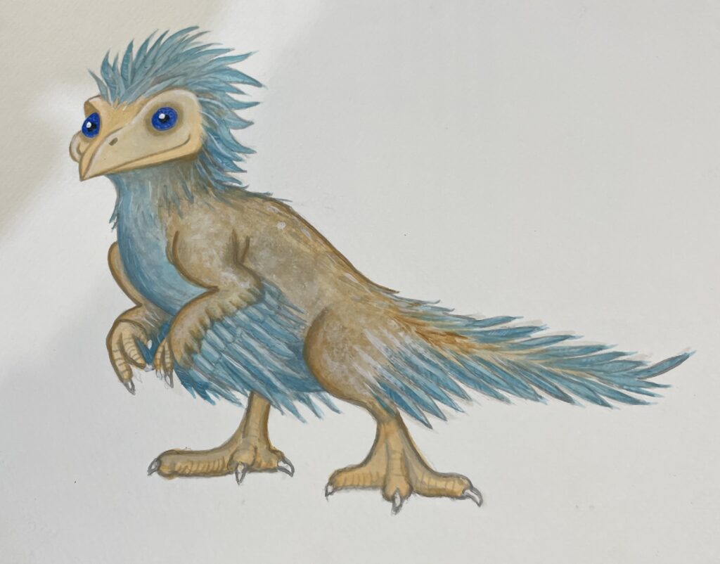 Illustration of a small, feathered dinosaur with blue and brown plumage.