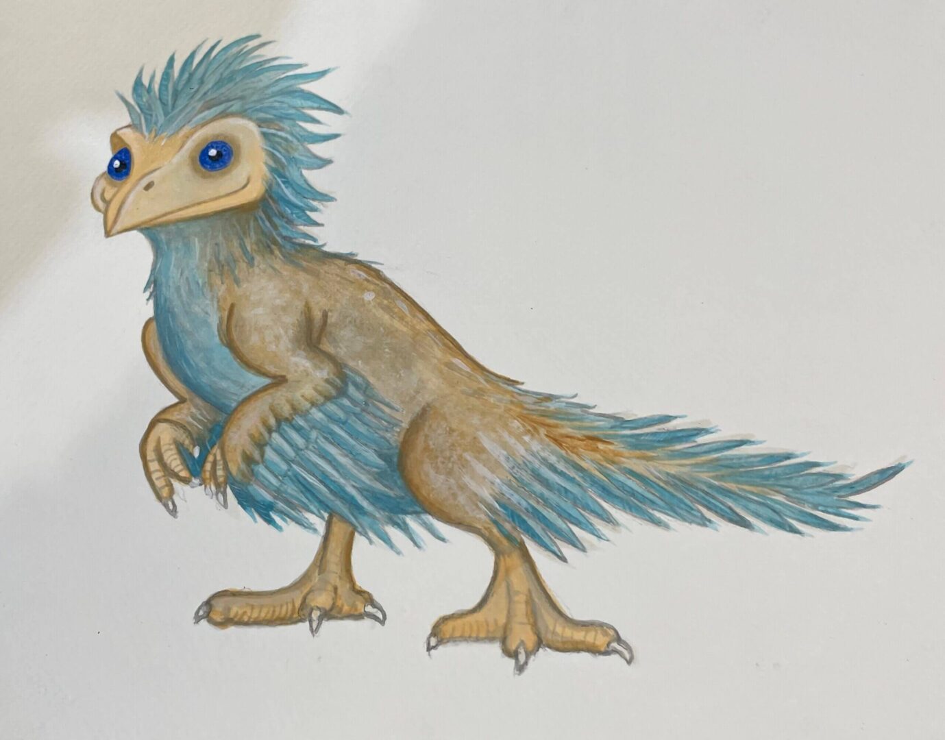 Illustration of a small, feathered dinosaur with blue and brown plumage.