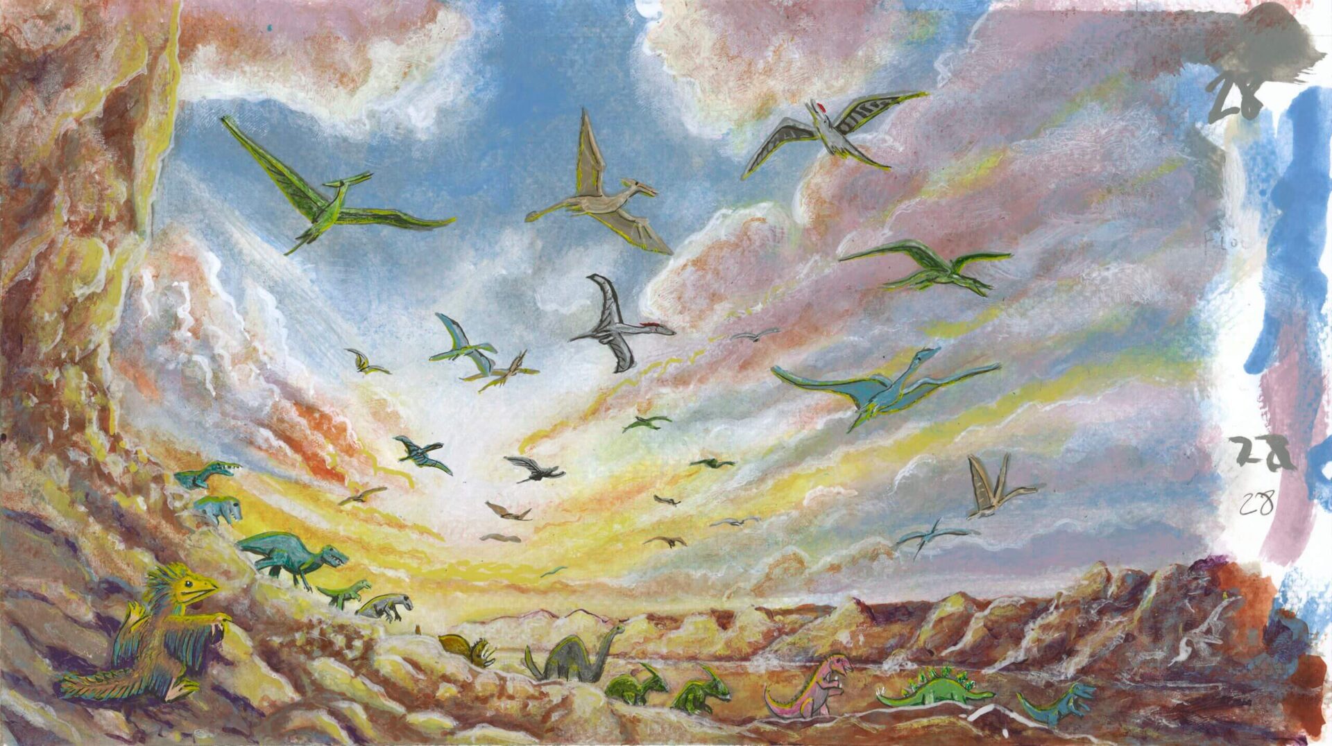 A flock of birds flying over a colorful sunset landscape.