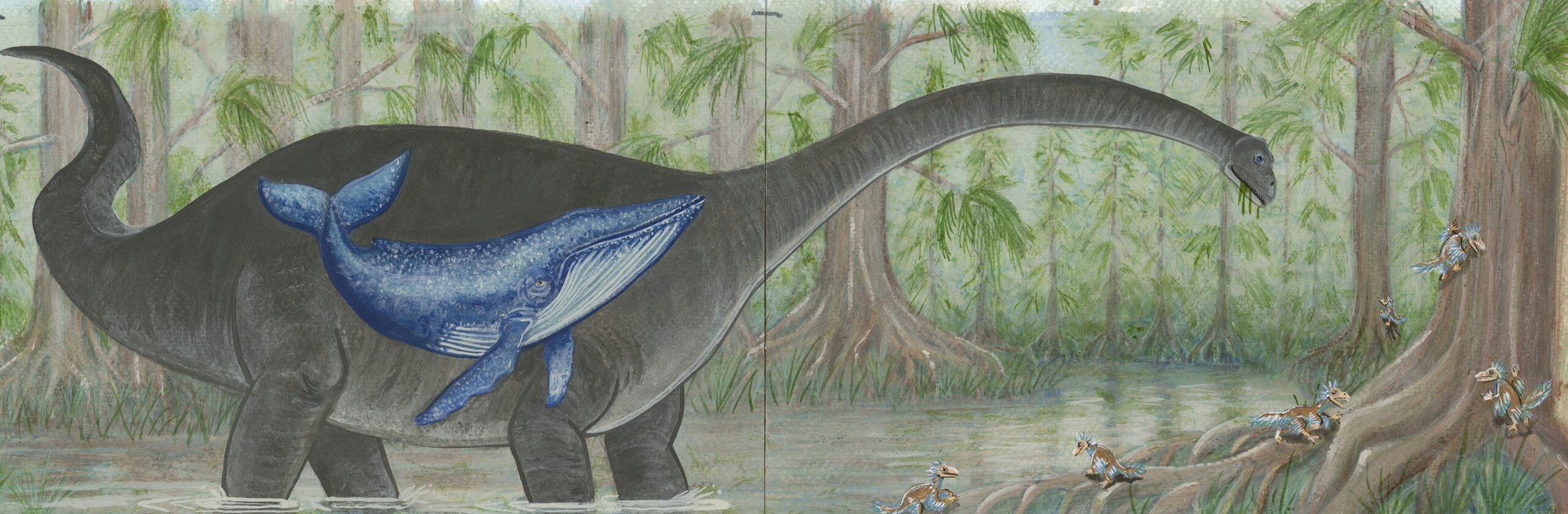 A large dinosaur with a blue whale on its back in a swampy forest.